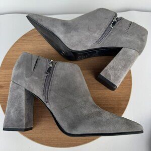 Marc Fisher Gray Suede Pointed-Toe Block Heel Ankle Boots Size 8.5M Side Zippers